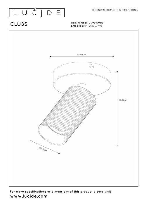 Lucide CLUBS - Spot plafond - 1xGU10 - Blanc - technique